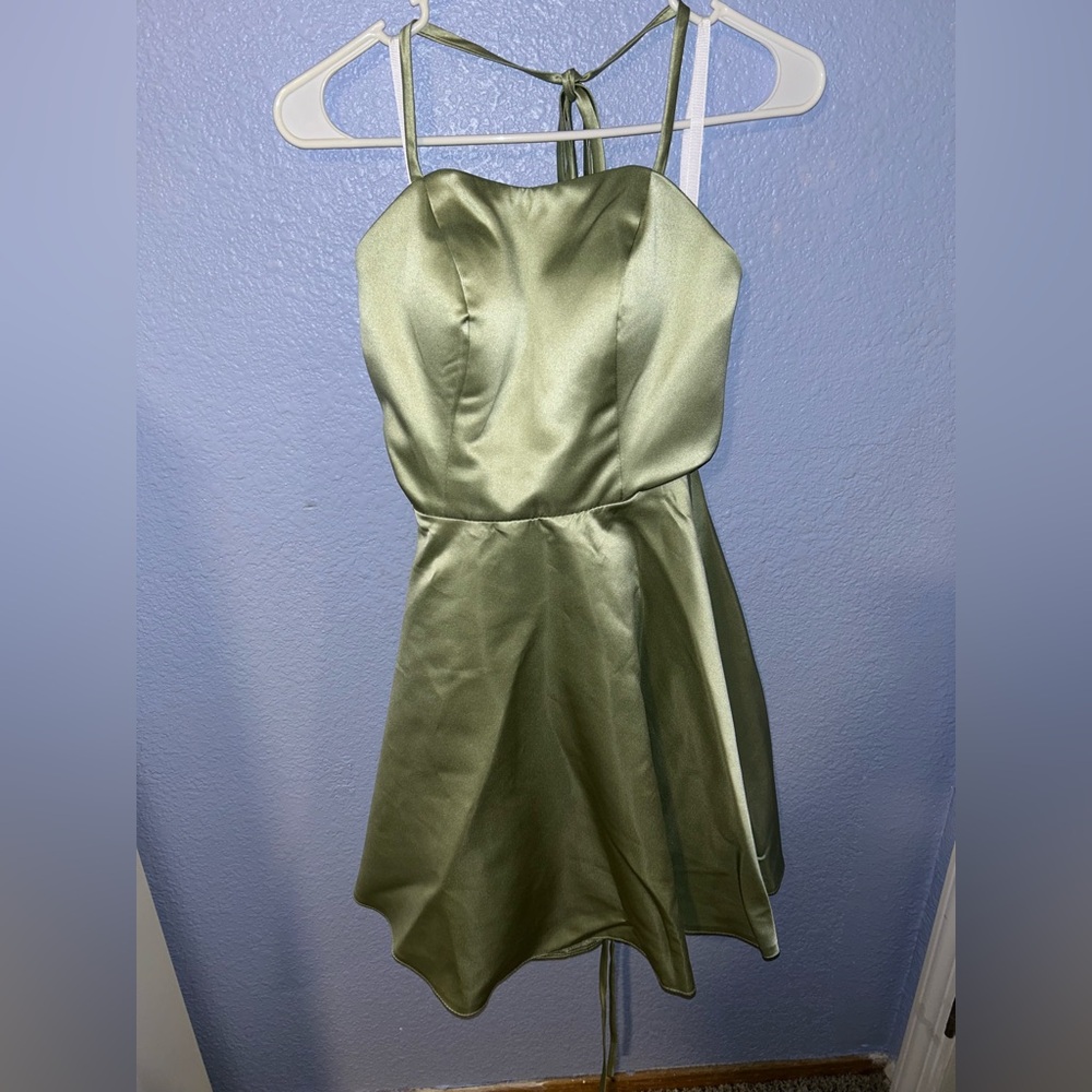 Sage Green Satin Formal Dress- Spaghetti Straps